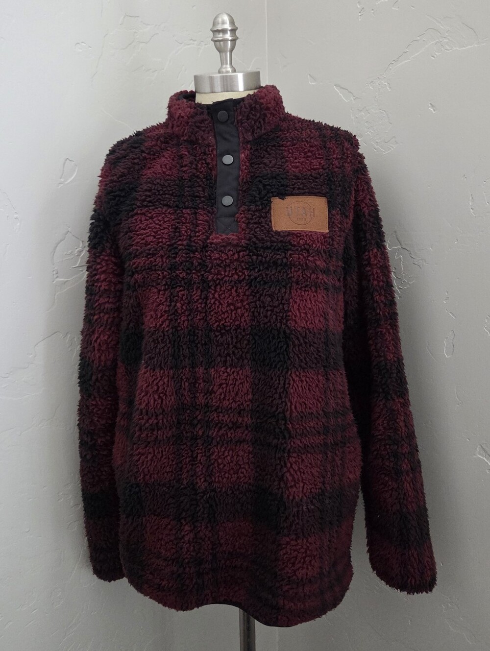 Women’s Burgundy Plaid Sherpa Pullover Hoodie